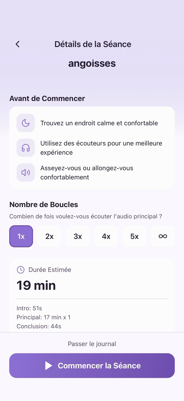 Écran « Détails de la séance » d'Amethy : conseils avant de commencer, choix du nombre de boucles, durée estimée.