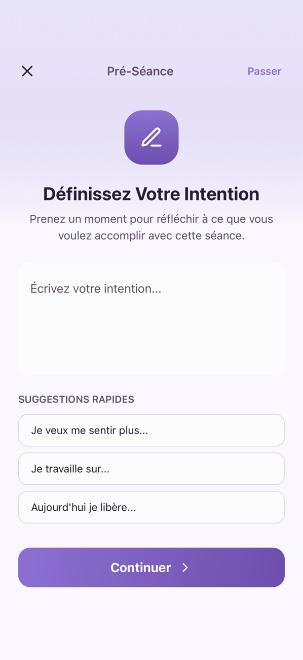 Écran « Définissez votre intention » d'Amethy, avant une séance.