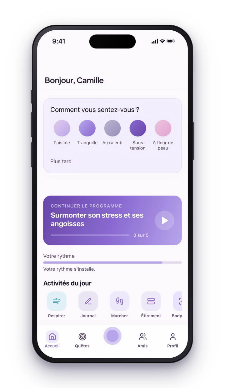 Écran d'accueil d'Amethy : « Comment vous sentez-vous ? », la séance « Surmonter son stress et ses angoisses » à continuer et les activités du jour.